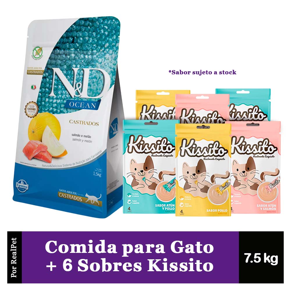 Comida Gato Castrado N&D Ocean Salmon 7.5 kg + Kissito 6 sobres