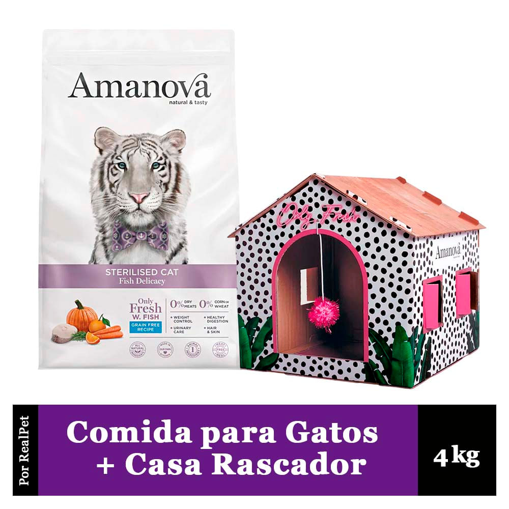 Comida Gato Esterilizado Amanova Pescado 4kg + Casa Rascador