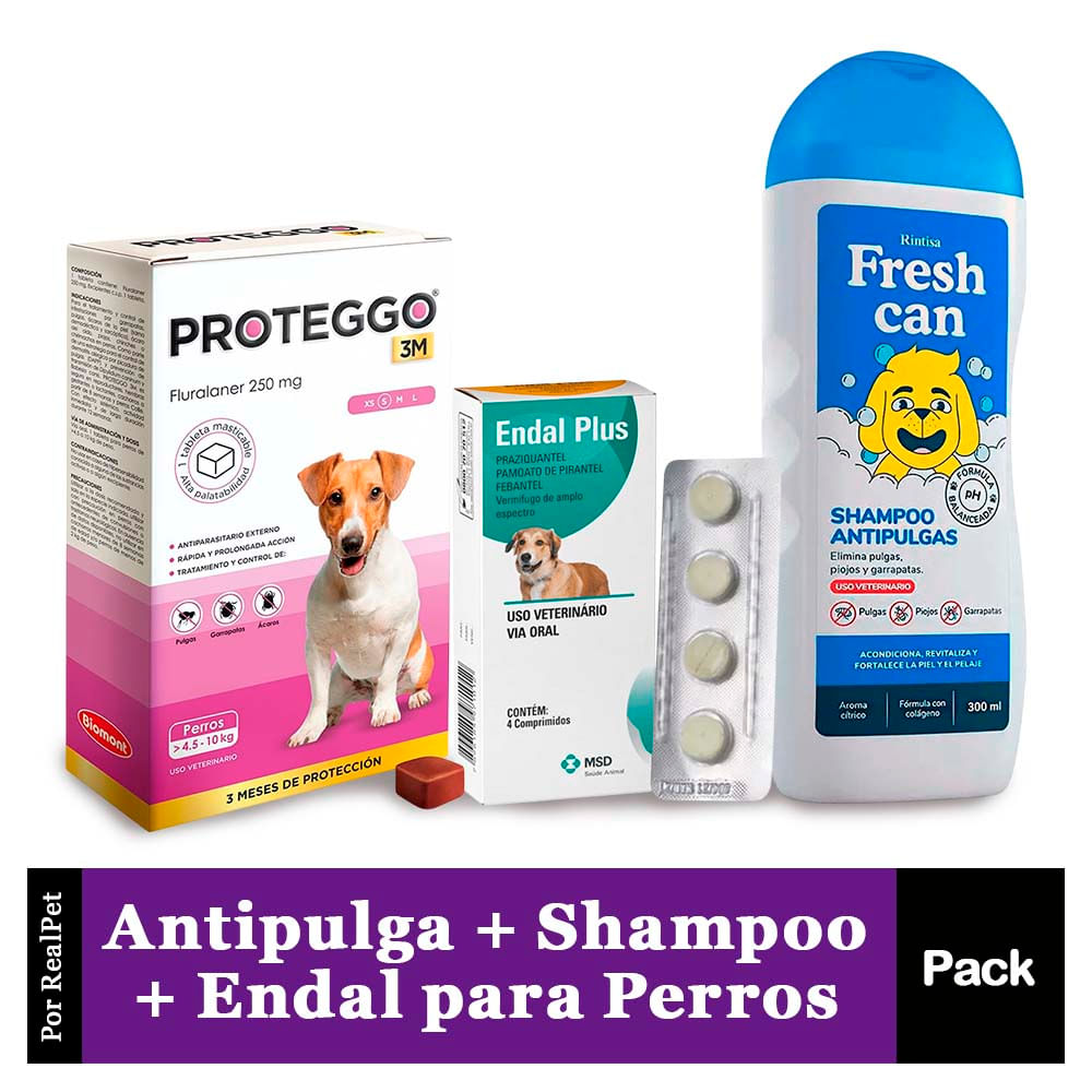 Antipulga Proteggo 3M Perros de 4.5 - 10kg + Shampoo Antipulgas FreshCan + Endal