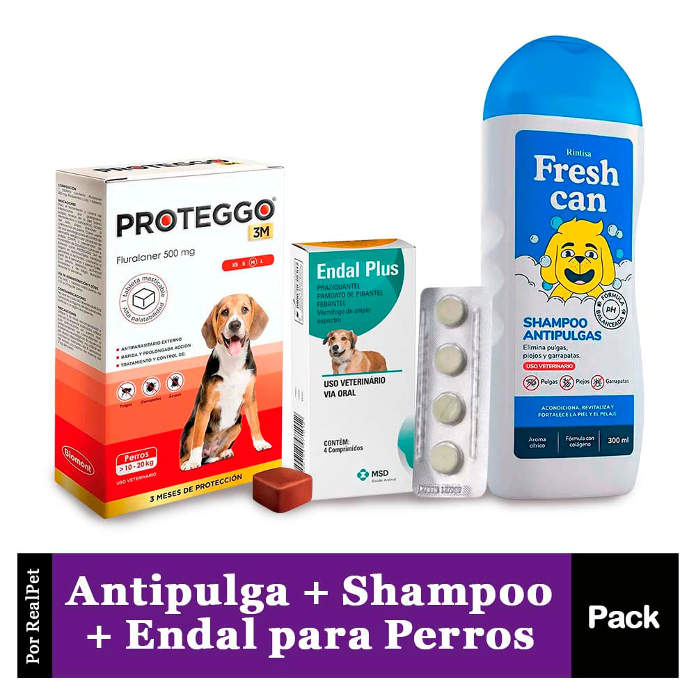 Antipulga Proteggo 3M Perros de 10 - 20 kg + Shampoo Antipulgas FreshCan + Endal