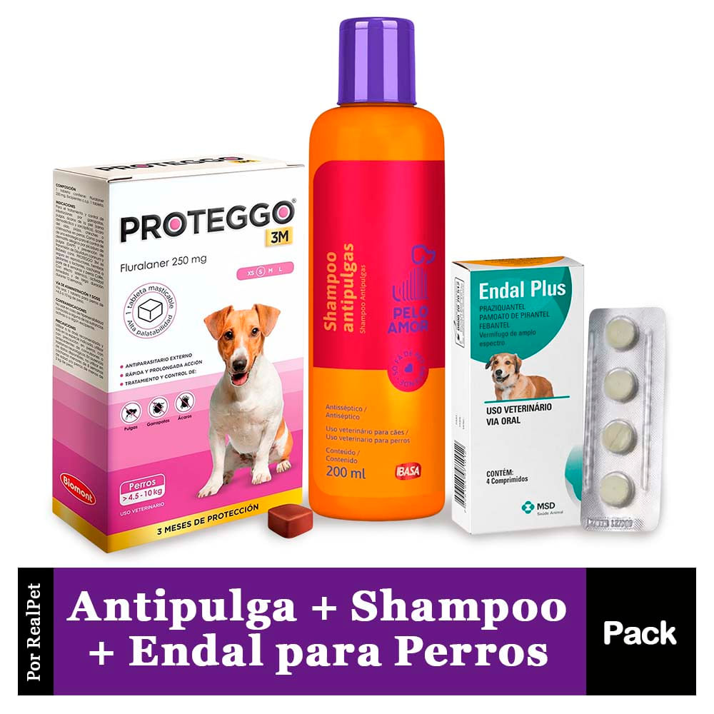 Antipulga Proteggo 3M Perros de 4.5 - 10kg + Shampoo Antipulgas Ibasa 200ml + Endal