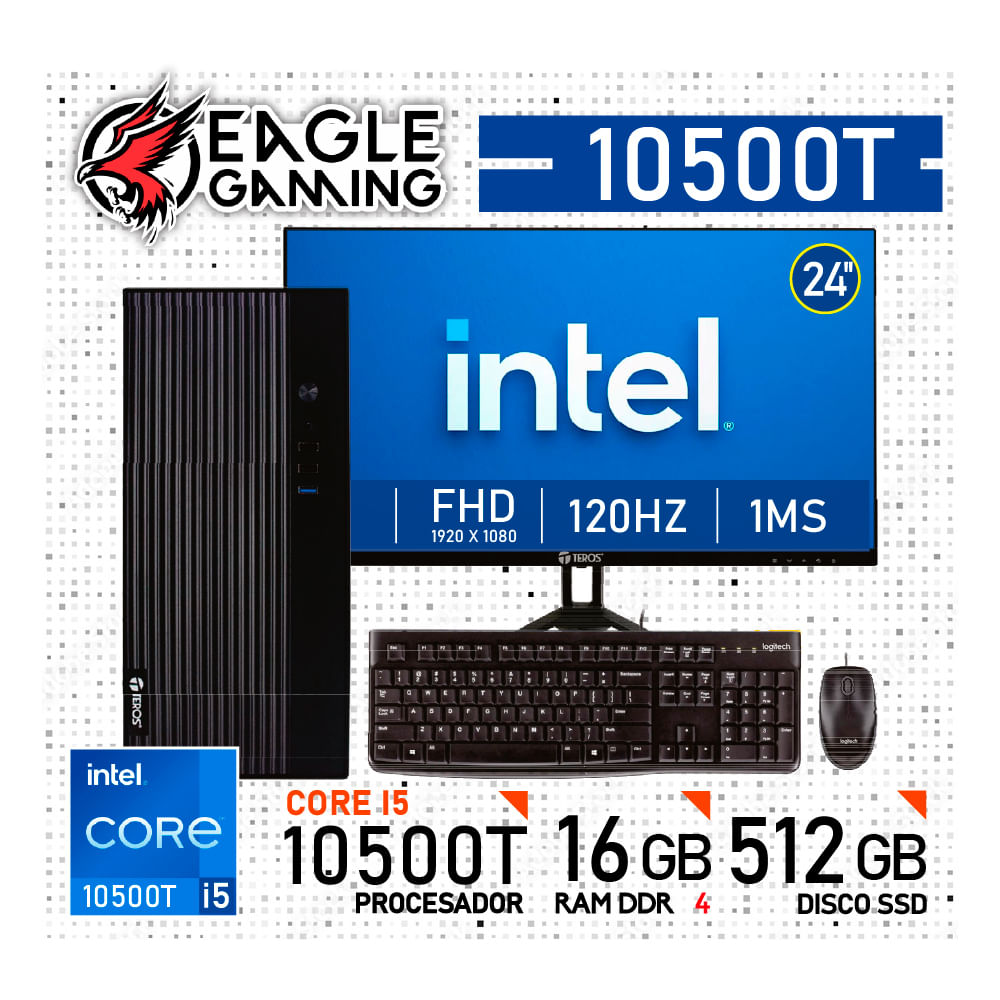 COMPUTADORA PC INTEL CORE i5 10500T - 16 GB RAM DDR4 - 512GB SSD - Monitor 24 inch con KIT LOGITECH