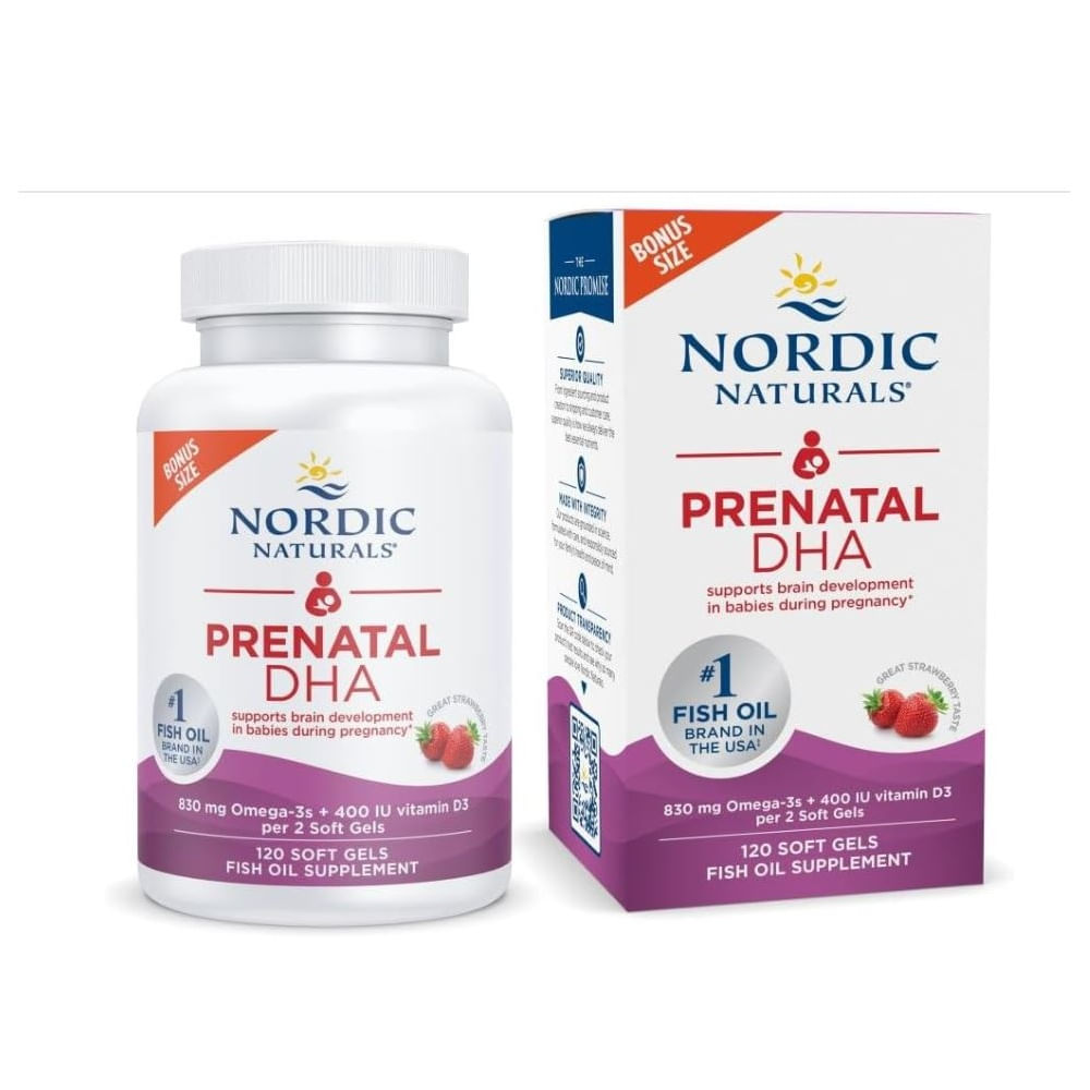 Nordic Naturals DHA Prenatal 830mg Omega 3s 400 IU Vitamina D3 120 gels Fresa