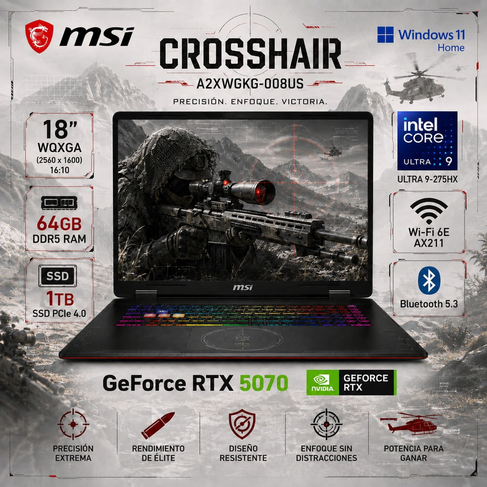 Laptop Gamer MSI Crosshair 18 HX AI Core Ultra 9 275HX 64GB 1TB RTX 5070 18 240Hz A2XWGKG-008US