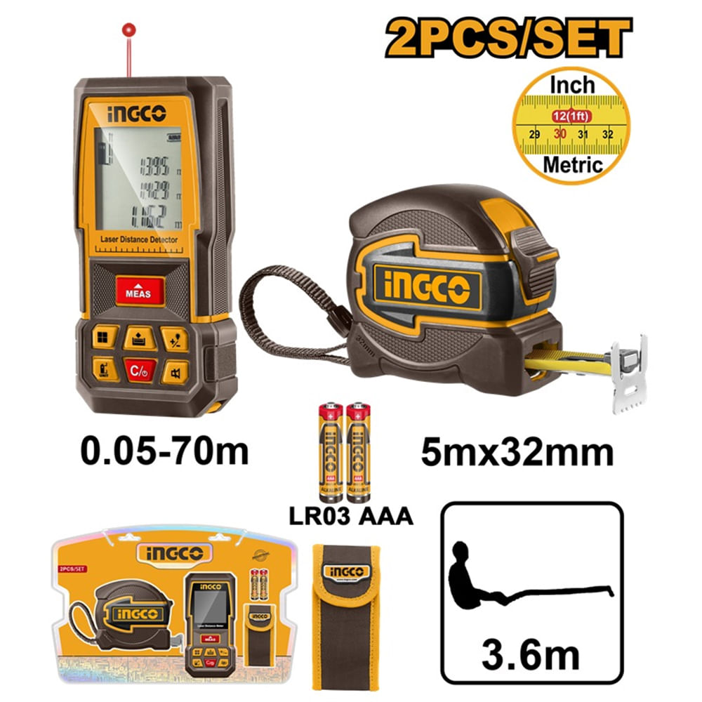 Kit Medidor de Distancia Láser Ingco 70M con Wincha 5MX32MM HLDD241201