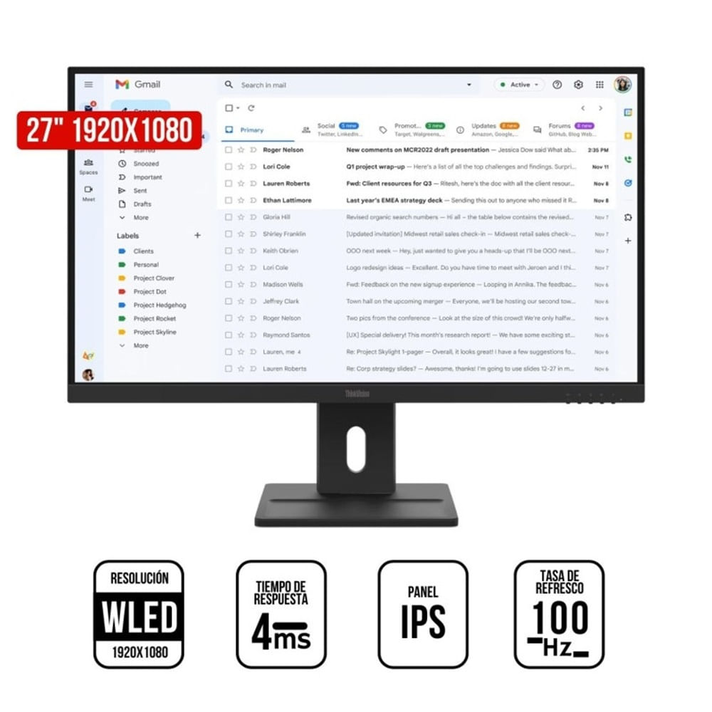 Monitor Lenovo ThinkVision E27-40, 27"" WLED IPS, 100Hz, 4ms, Parlante