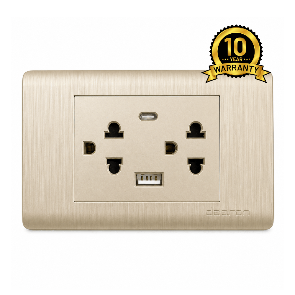 Tomacorriente Doble Universal con Puerto USB Tipo C Color Dorado Champagne