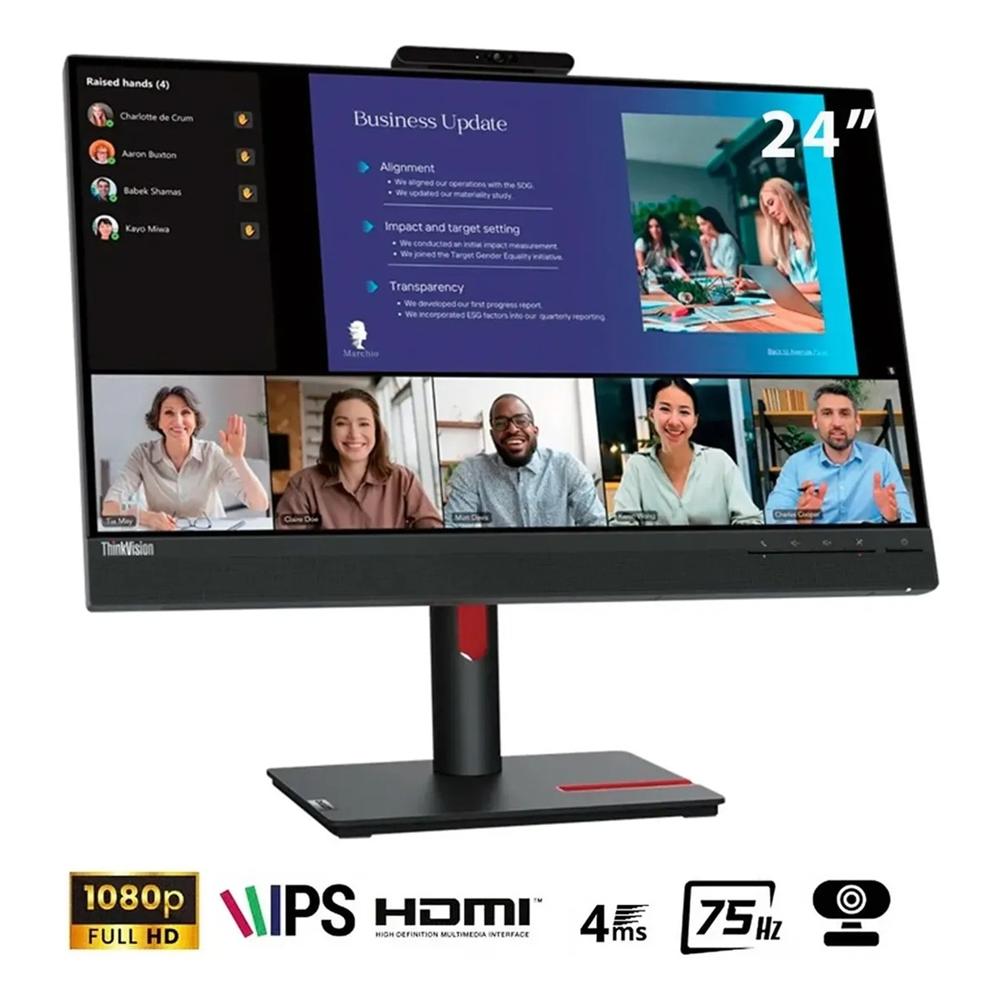 Monitor Lenovo ThinkVision T24v-30, 24"" WLED IPS, 75Hz, 6ms, Pivote, Cámara Web, Parlante