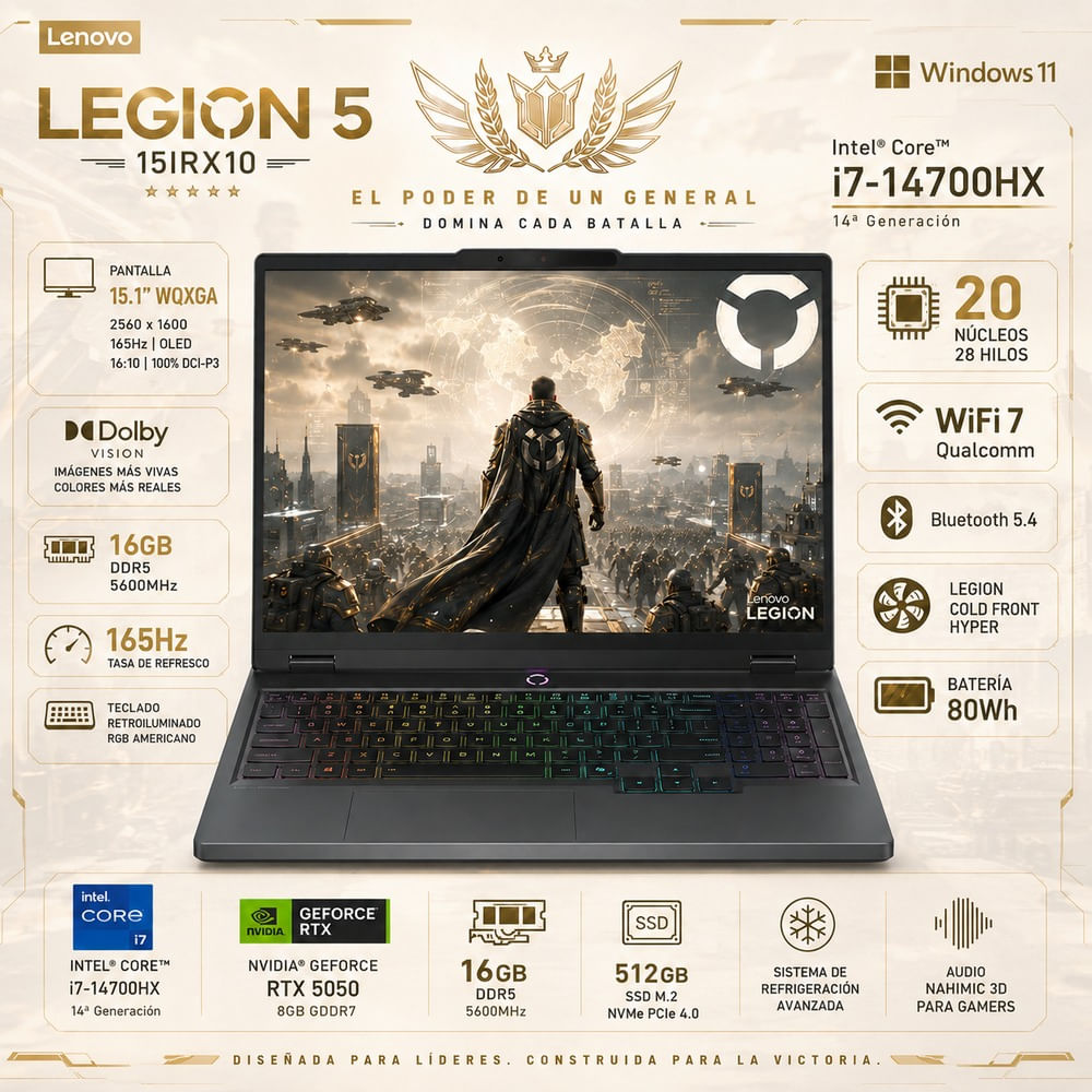 Laptop Gamer Lenovo Legion 5 15IRX10 Core i7-14700HX 16GB RAM 512GB SSD RTX 5050 15.1  3LY000NUS