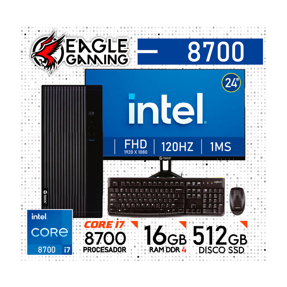 COMPUTADORA PC INTEL CORE i7 8700 - 16 GB RAM DDR4 - 512GB SSD - Monitor 24 inches con KIT LOGITECH