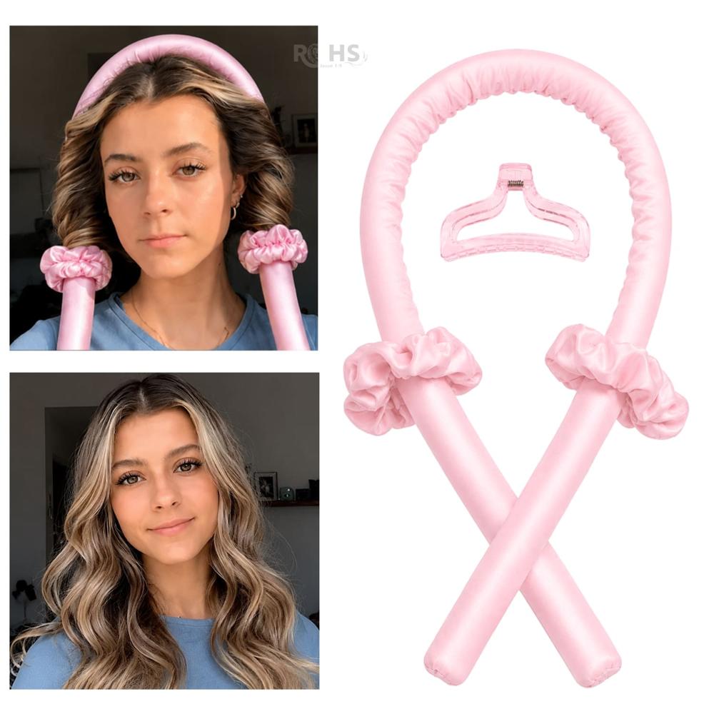 Kit Rizador De Cabello Sin Calor Con Accesorios Rizos Naturales Rosado