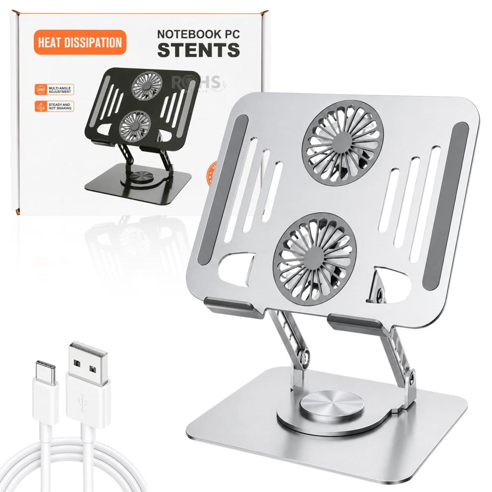 Soporte Plateado Para Laptop De Aluminio Con Base Giratoria 360