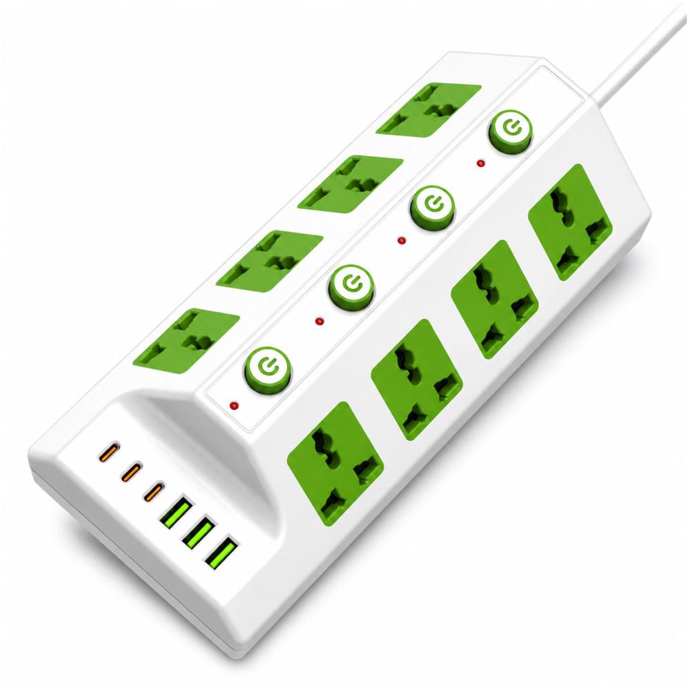 Extensión Tomacorriente 8 Tomas Universales 3000W con 4 Interruptores 3 USB 3 USB-C y Cable 180 cm