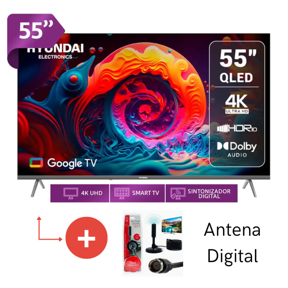 Televisor HYUNDAI 55 QLED Smart TV GOOGLE TV 4K UHD HYLED5529QG  MAS Antena Digital