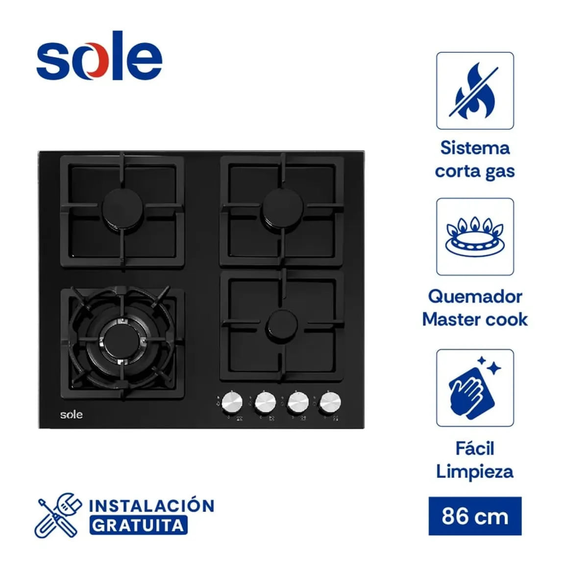 Encimera Empotrable 4 Quemadores Vidrio Templado Negro Sole SOLCO040