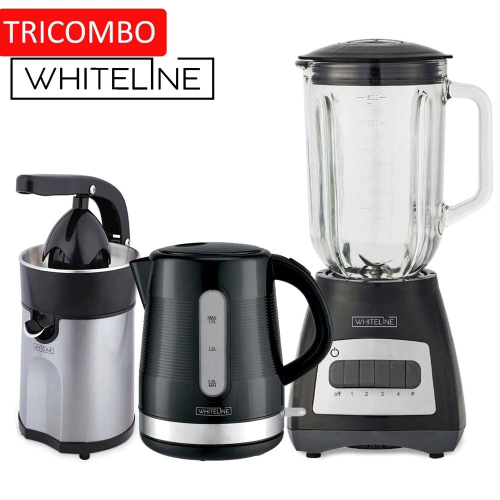 Tri-combo Whiteline Licuadora Vaso de Vidrio 1.5 Litros más hervidor más Exprimidor