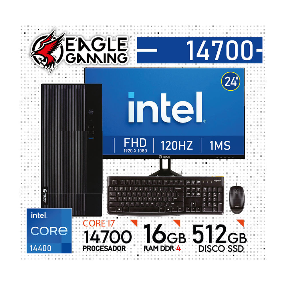 COMPUTADORA PC INTEL CORE i7 14700 - 16 GB RAM DDR4 - 512GB SSD - Monitor 24 inches con KIT LOGITECH
