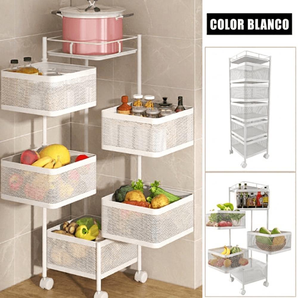 Organizador de Cocina Giratorio Metálico con Ruedas 5 Pisos Color Blanco.