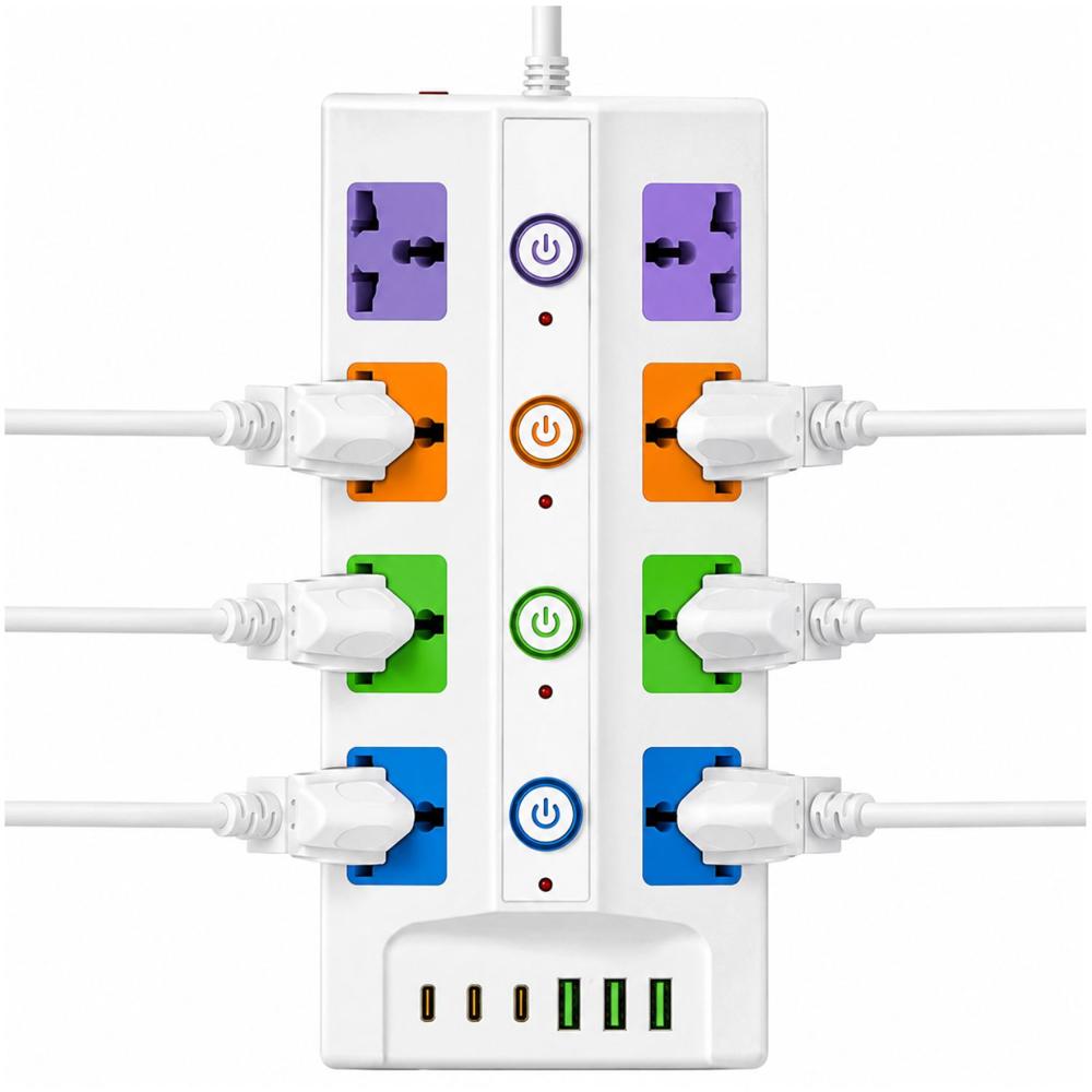 Zapatilla Eléctrica 8 Tomas 3000W 3 USB 3 USB C 4 Interruptores
