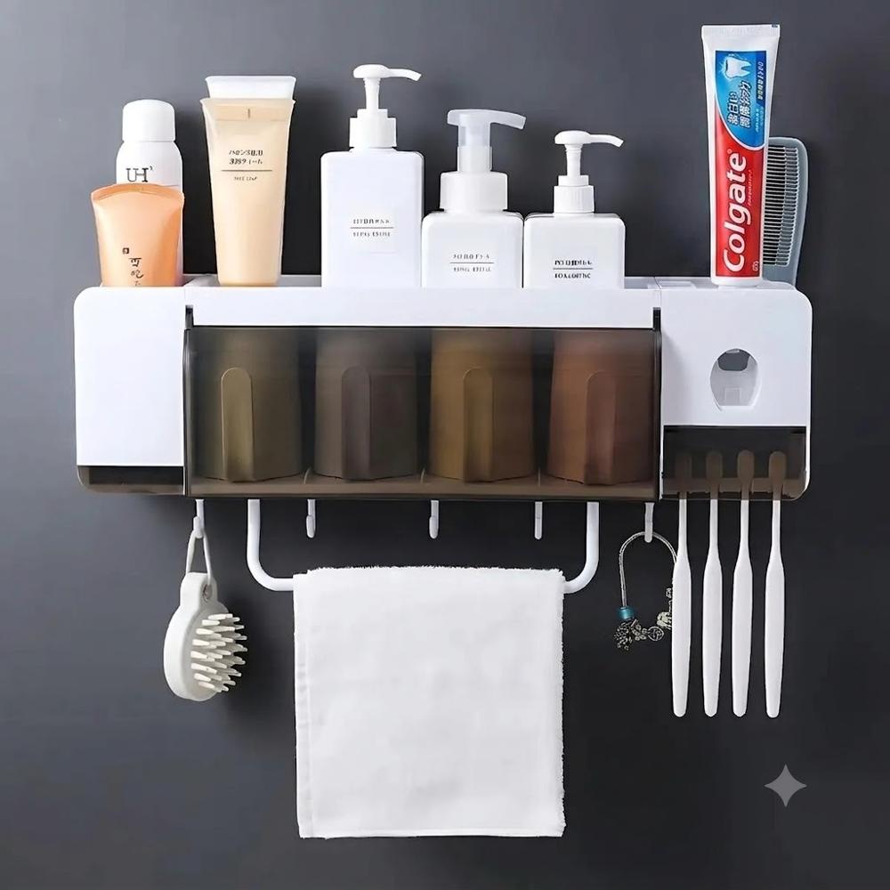 Porta Cepillos Multifunción Dispensador de Pasta Dientes Jabón Toallero y 4 Vasos