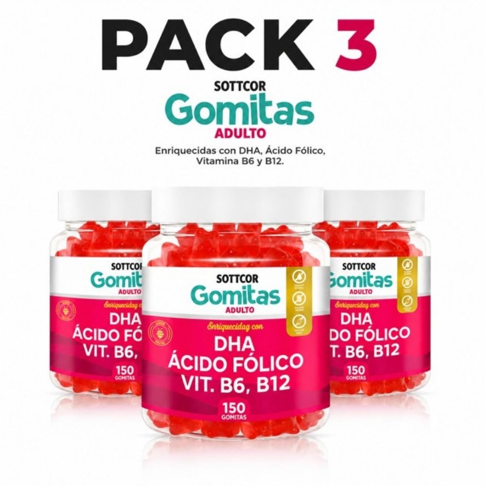 PACK 3 GOMITAS DHA ACIDO FOLICOPARA ADULTOS 450 GOMITAS SOTTCOR LABS