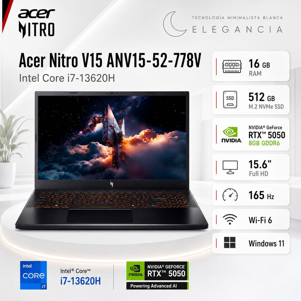 Laptop Gamer Acer Nitro V 15 ANV15-52-778V Core i7-13620H 16GB 512GB RTX 5050 15.6  NH.U1PAA.003
