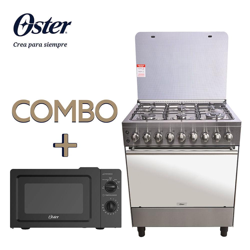 COMBO Oster: Cocina de pie OS-PGSGC30061GISM 30"" Acero Inoxidable + Horno Microondas POGG1702 17L Negro