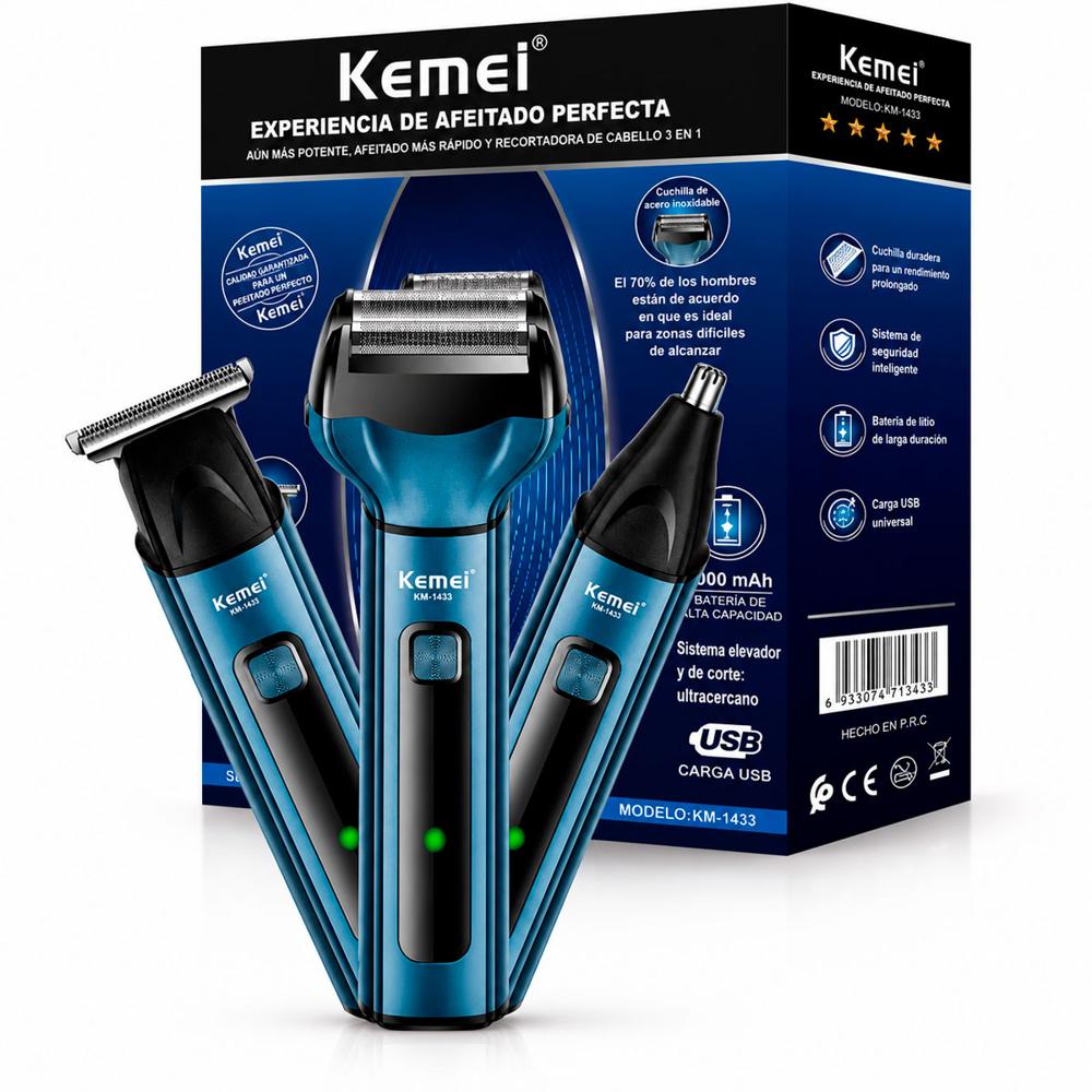 Afeitadora Eléctrica Kemei KM-1433 3 En 1 Recargable USB Para Barba Nariz Patillas