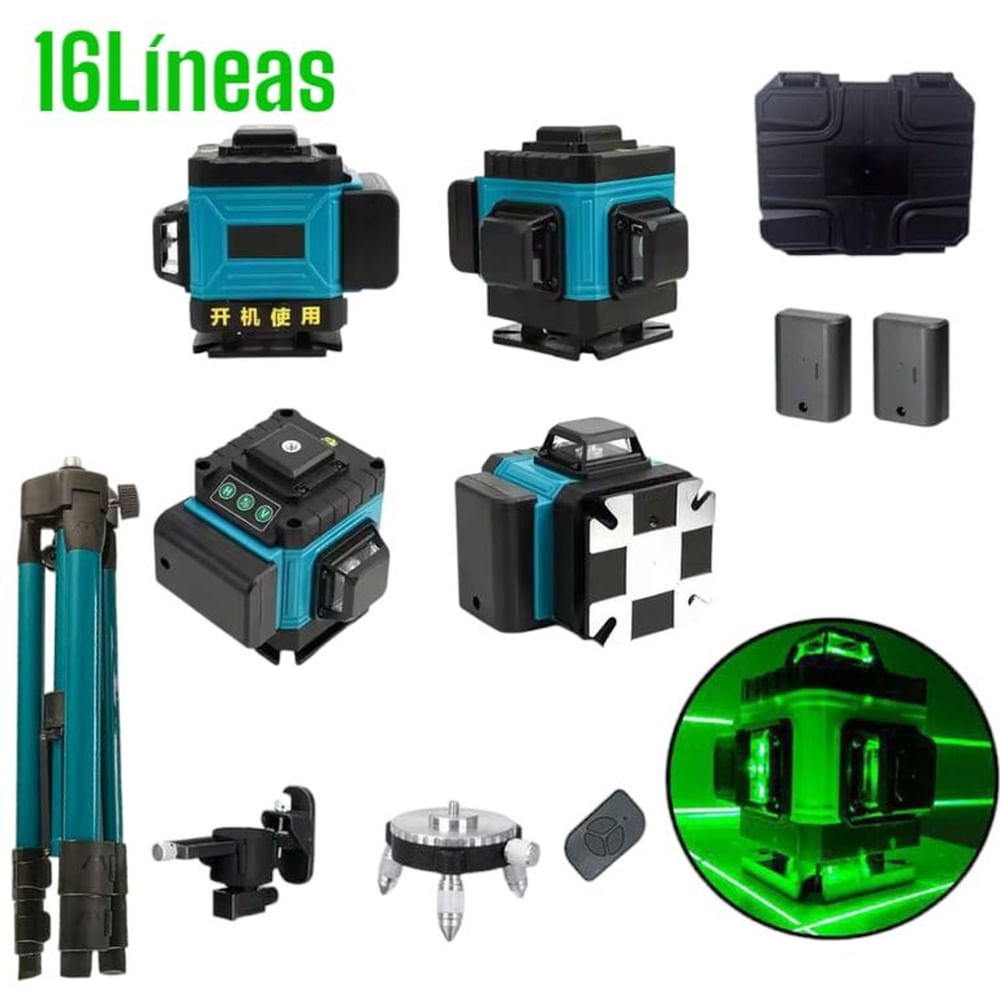 Nivel Láser Verde 4D 16Líneas 360° Autonivelación 2Baterias Y Tripode Multicolor