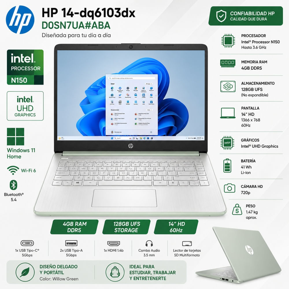 Laptop HP Intel Processor N150 4GB DDR5 128GB UFS 14  HD Intel UHD Windows 11 14-dq6103dx