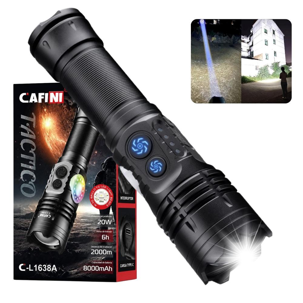 Linterna LED Táctica CAFINI C-L1638A 20W Recargable Largo Alcance 2000m Zoom USB-C 8000mAh