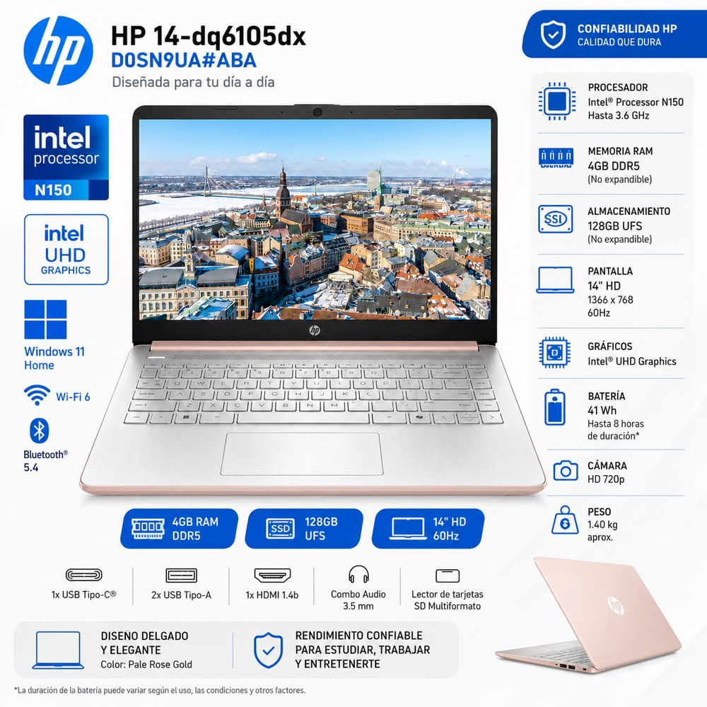 Laptop HP Intel N150 4GB DDR5 128GB UFS 14 HD Intel UHD Windows 11 Home 14-dq6105dx