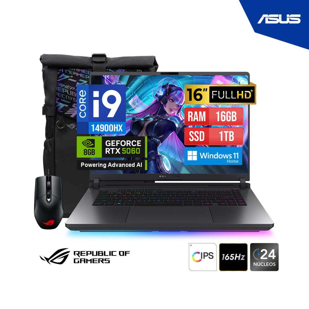 LAPTOP ASUS ROG STRIX G615JMR RV017W G16 i9 14900HX 1TB 16GB RTX5060 8GB 16 FHD W11 MOCHILA MOUSE