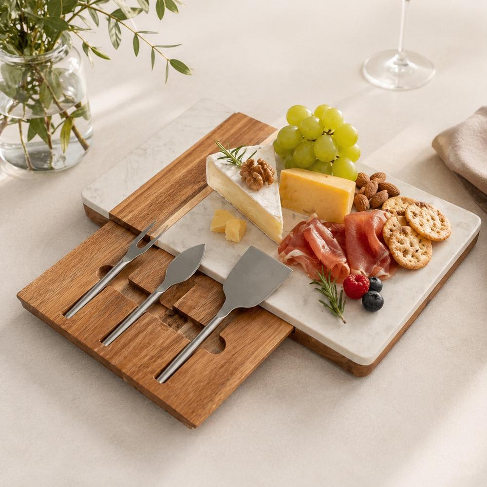 Tabla de Quesos y Charcutería Premium de Mármol Blanco y Acacia con Set de Cuchillos