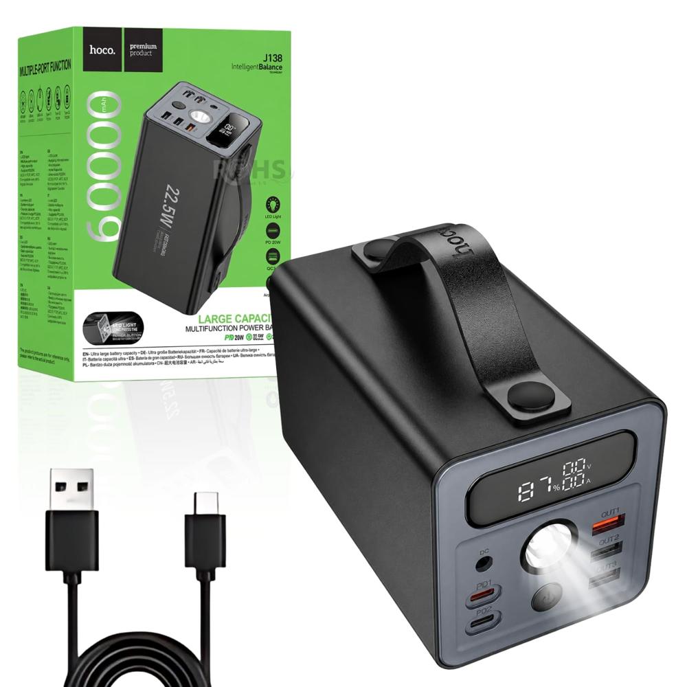 Power Bank J138 Hoco De 60000 mAh Con Pantalla Digital Y Carga Rápida 22.5W