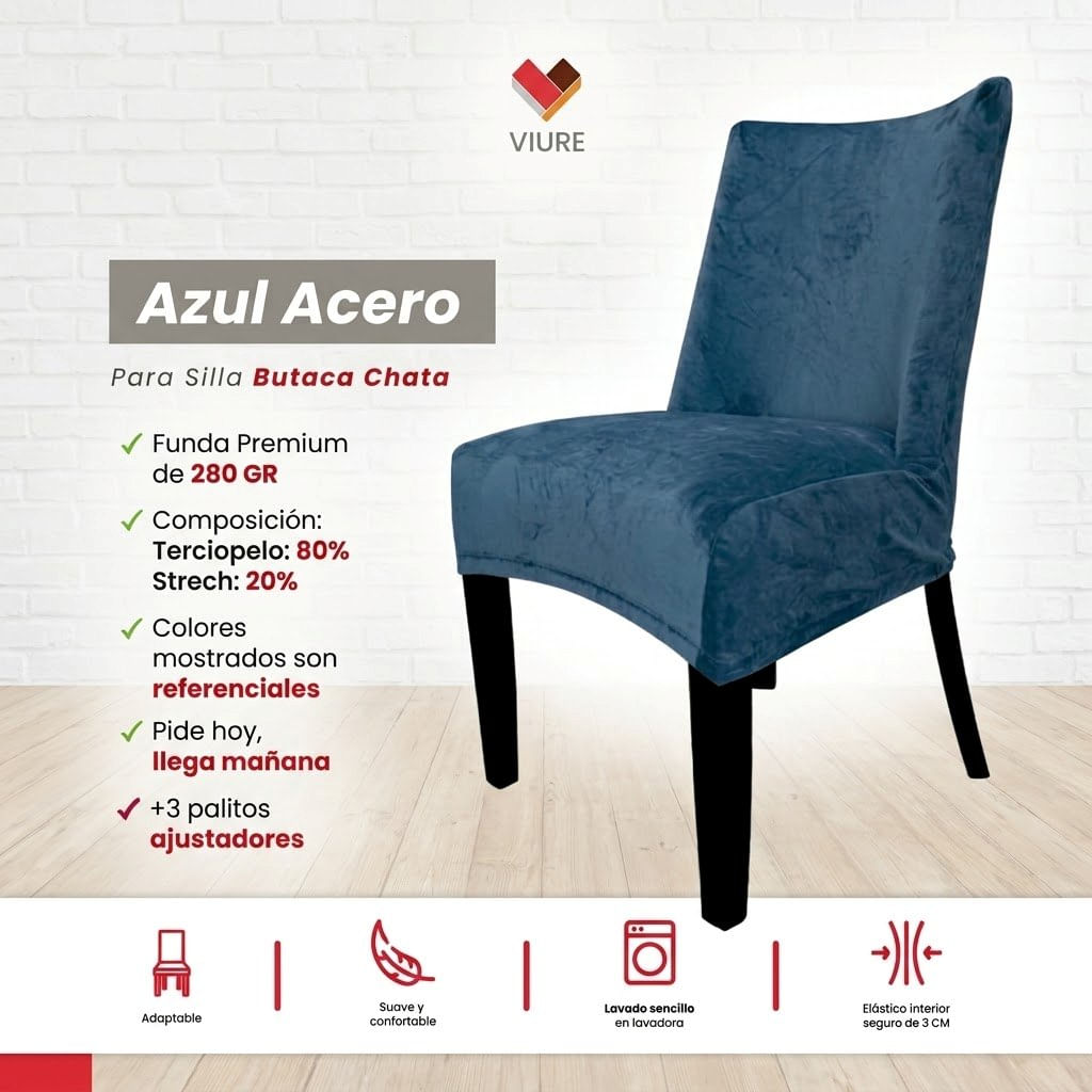 Funda de silla butaca curva de terciopelo 4 sillas - Azul Acero
