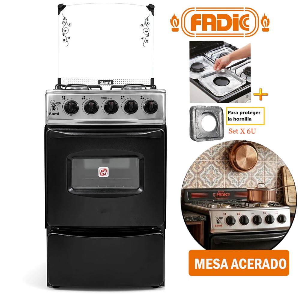 Cocina Fadic con tapa de vidrio y Horno Sami 4h Negro Y Protector