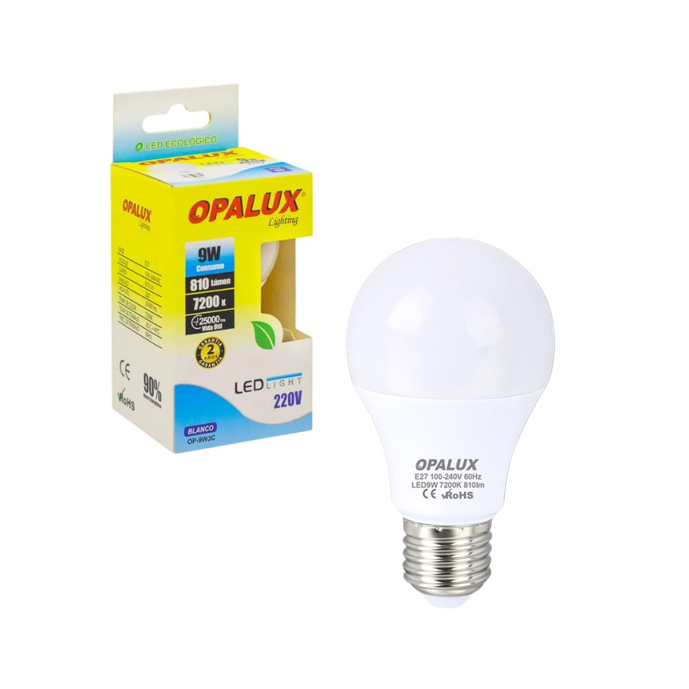 Foco LED de 9W Luz Blanca 6500K Rosca E27 810 Lúmenes 100-240V OPALUX OP-9W3C