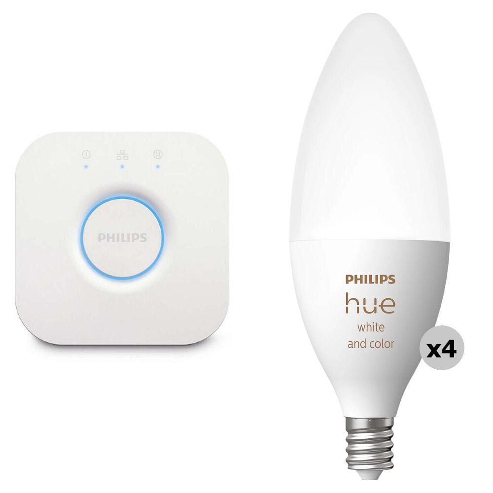 Philips Kit Hue Bridge y Bombillas E12 Bluetooth (Ambiente Blanco y Color, 4 Unidades)