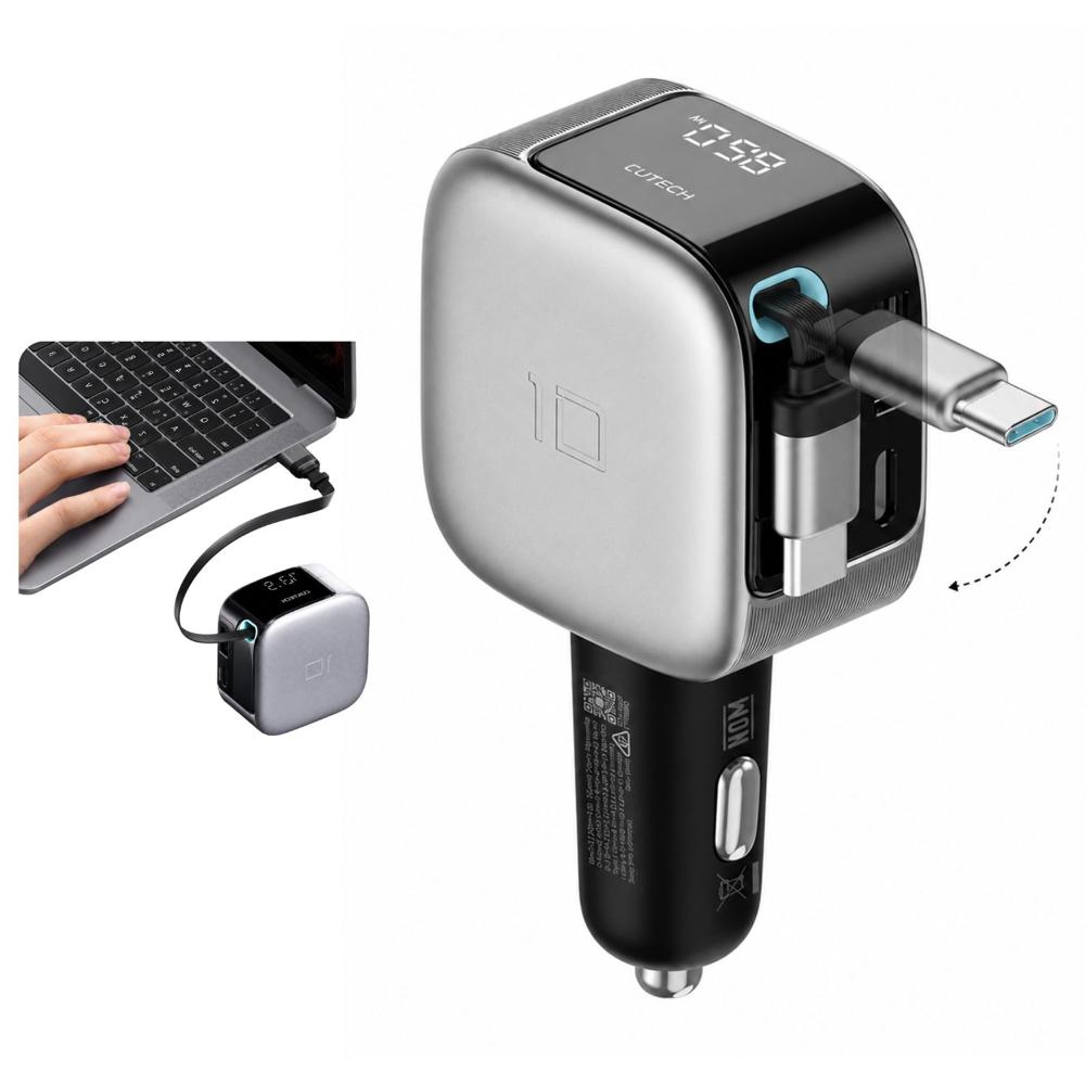 Cargador Para Auto Retráctil 100W Con Pantalla LED USB C Para Laptop Tablet Y Celular