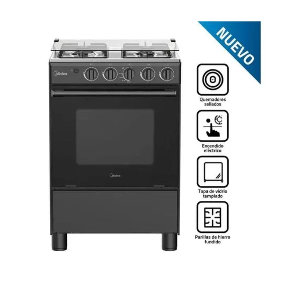 Cocina a Gas 24 Midea 4 Quemadores Negra