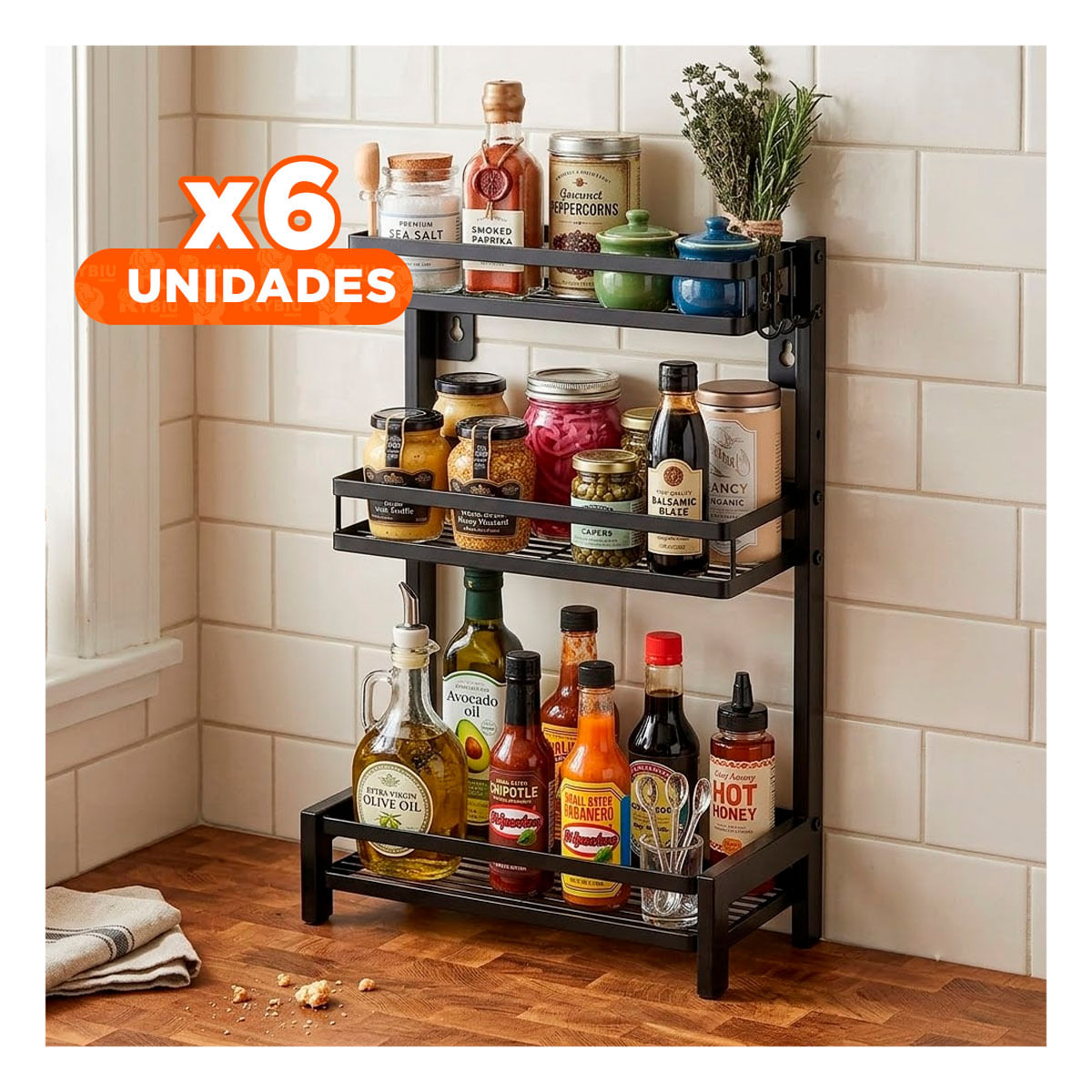 Pack6 Mueble de Cocina Negro Fabricado en Acero Inoxidable 3 Niveles Y Regalo Sticker