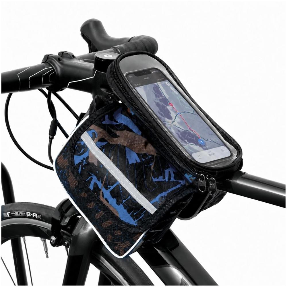 Canguro Portaobjetos para Bicicleta con Doble Compartimento y Porta Celular Táctil - Azul