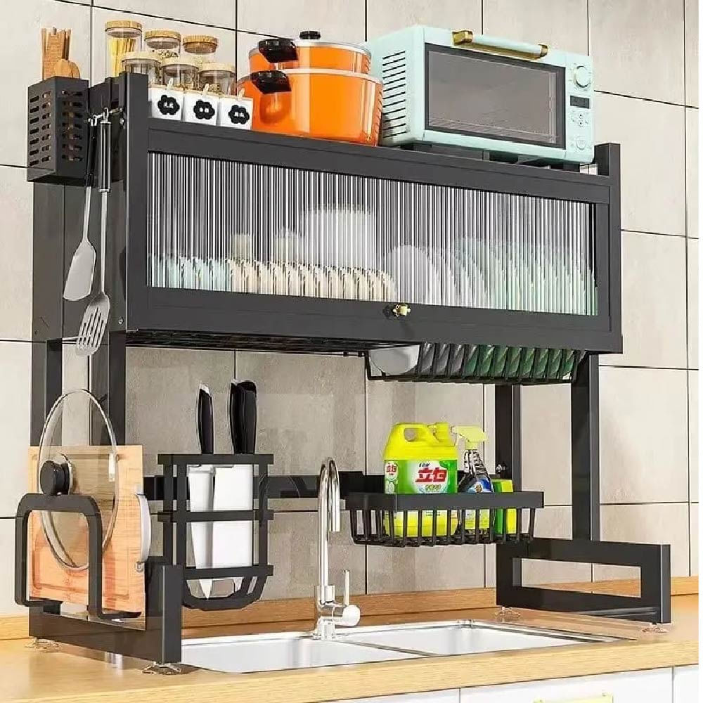 Escurridor de Platos con Tapa de Acero Inoxidable 85 cm Negro Premium