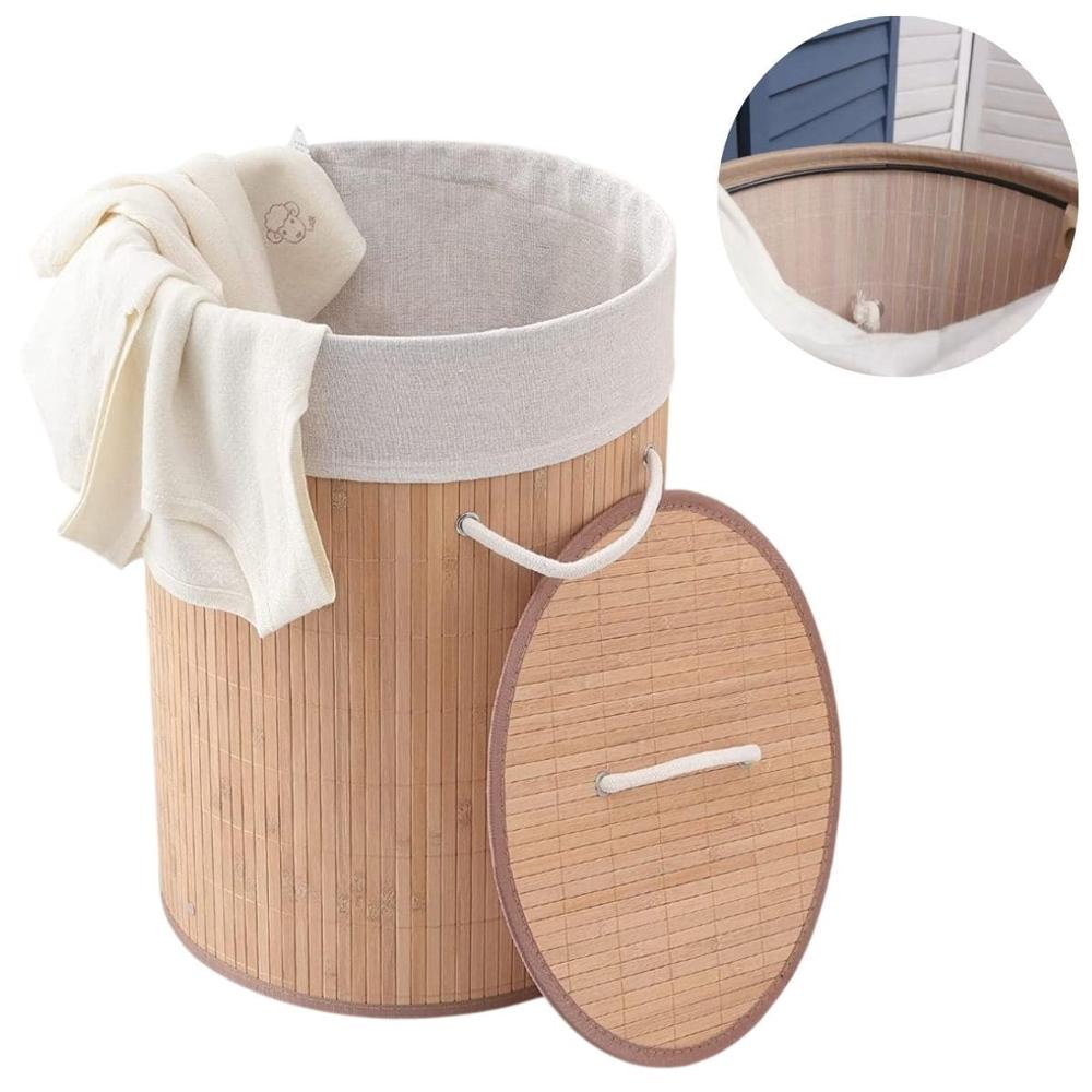 Cesto Organizador de Ropa con Tapa Bambú y Forro Interno Redondo Asa Blanca  463CM04
