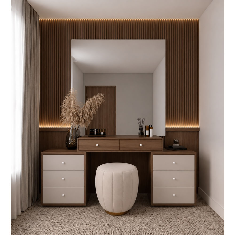 Tocador Moderno Kyoto TU MESITA con Espejo XL y Wallpanel Listonado Catania y Capri Canto Grueso