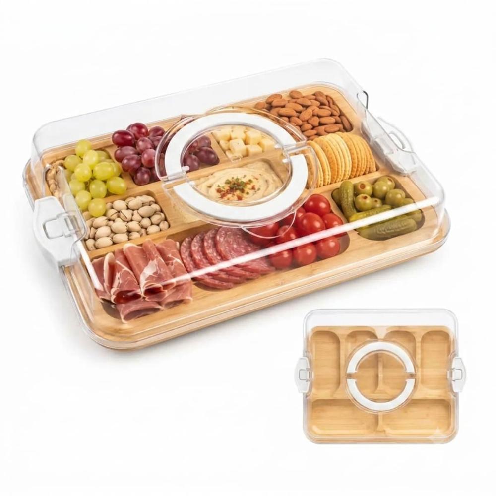 Bandeja Rectangular de Bambú con Tapa y Divisiones Blanco Hueso  110TB11