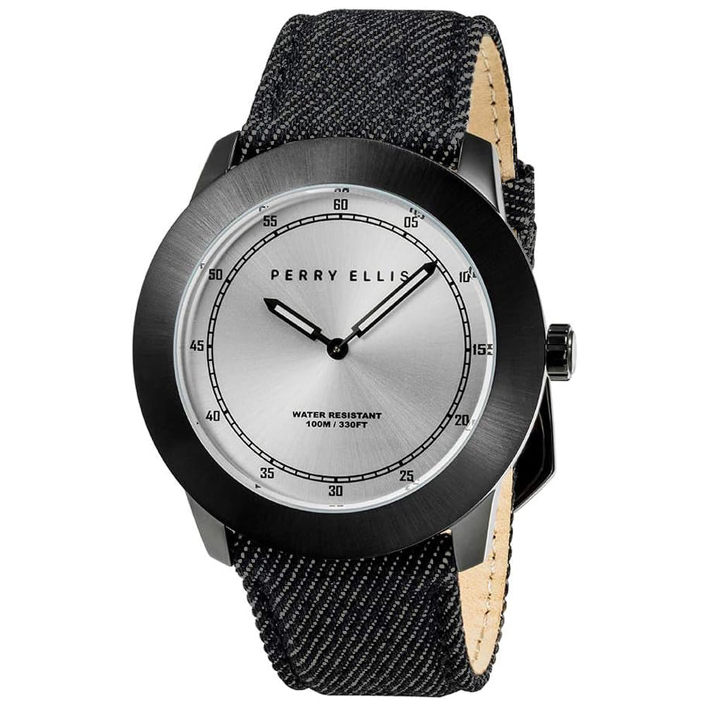 Reloj Perry Ellis New Slim Line 11004-05 Correa de Cuero y Denim Negro Dial Plateado