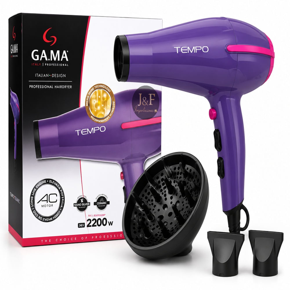 SECADORA DE CABELLO GAMA TEMPO 3D THERAPY VIOLET CERAMIC ION INCLUYE 2 BOQUILLAS Y DIFUSOR