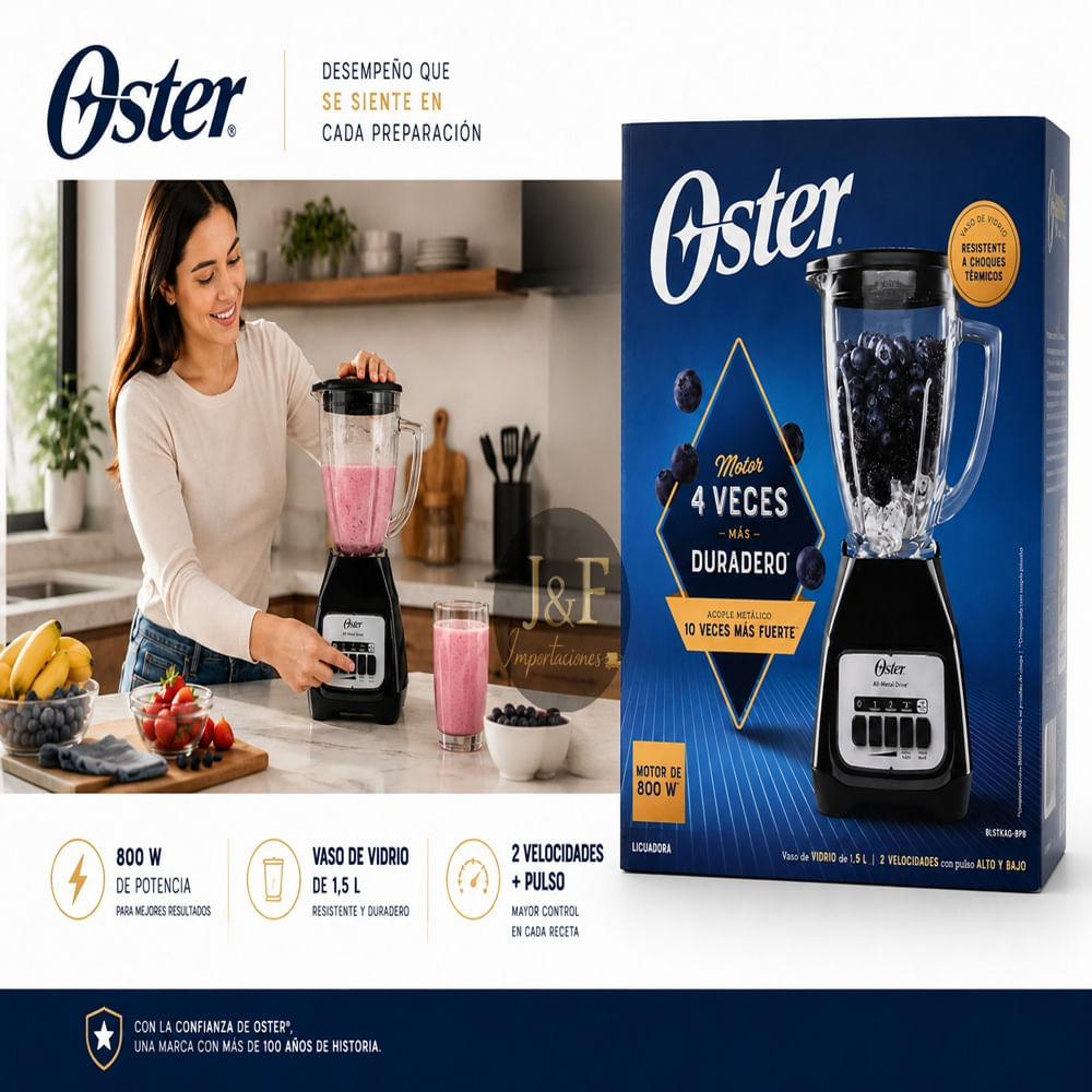 LICUADORA OSTER BLSTKAG-BPB NEGRA VASO DE VIDRIO BOROCLASS 1.5 DE 2 VELOCIDADES E IMPULSO